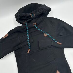 Naketano Brave New Word Black Hoodie Womens Medium Longline Rope Drawstring Owl